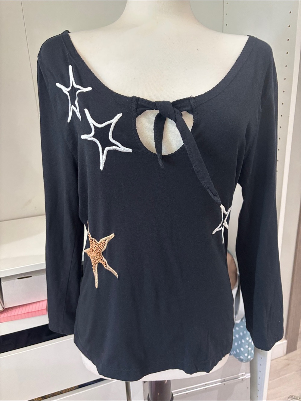 Michael Simon Black Long Sleeve Tie-Neck Top with Star Appliqués